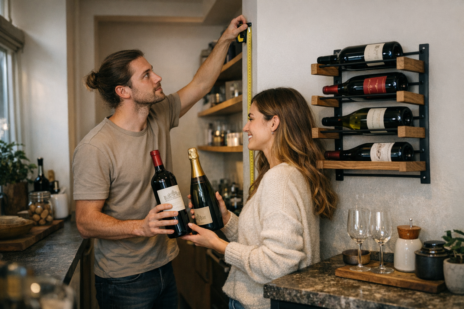 Verschillende wijnrekken in moderne interieurstijlen