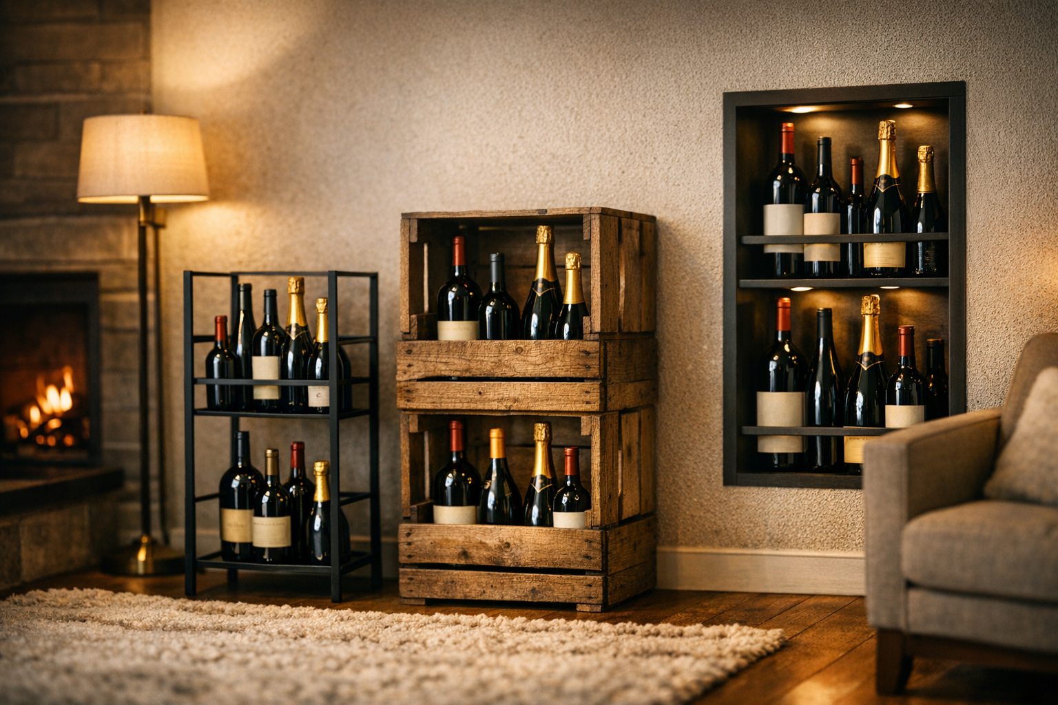 Wijnrek met verschillende flesformaten