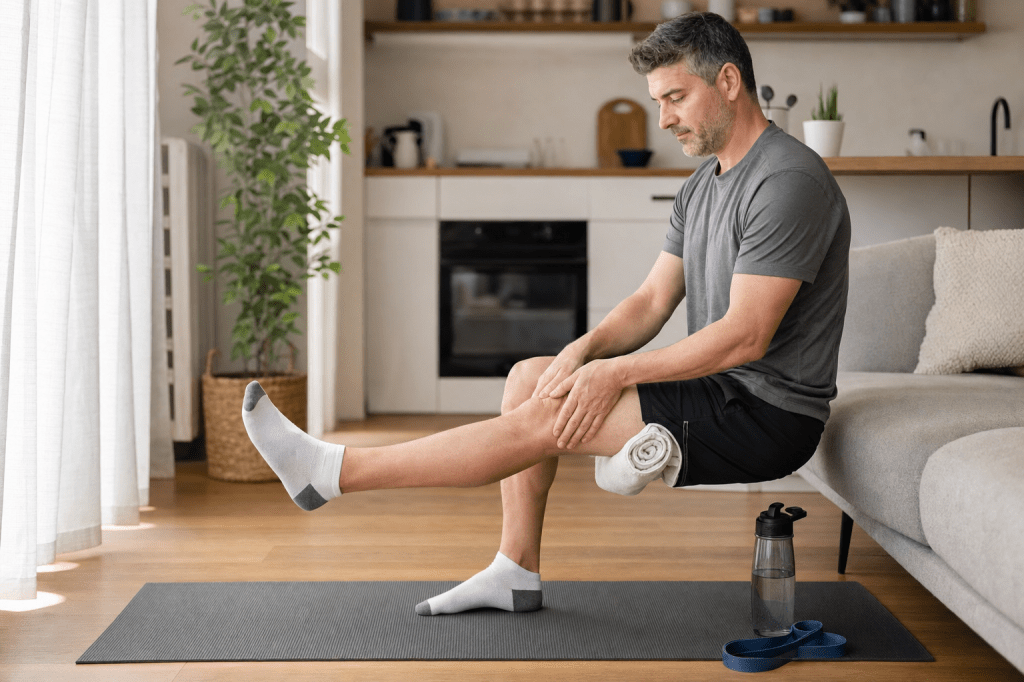 Welke oefeningen kun je veilig doen bij een overbelaste knie thuis, en welke bewegingen moet je tijdelijk vermijden om de knie niet verder te&nbsp;irriteren?